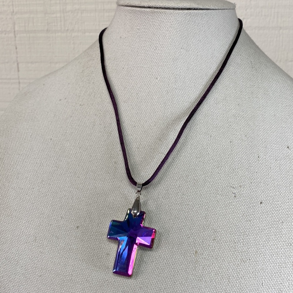 Holographic cross pendant on deep purple satin necklace